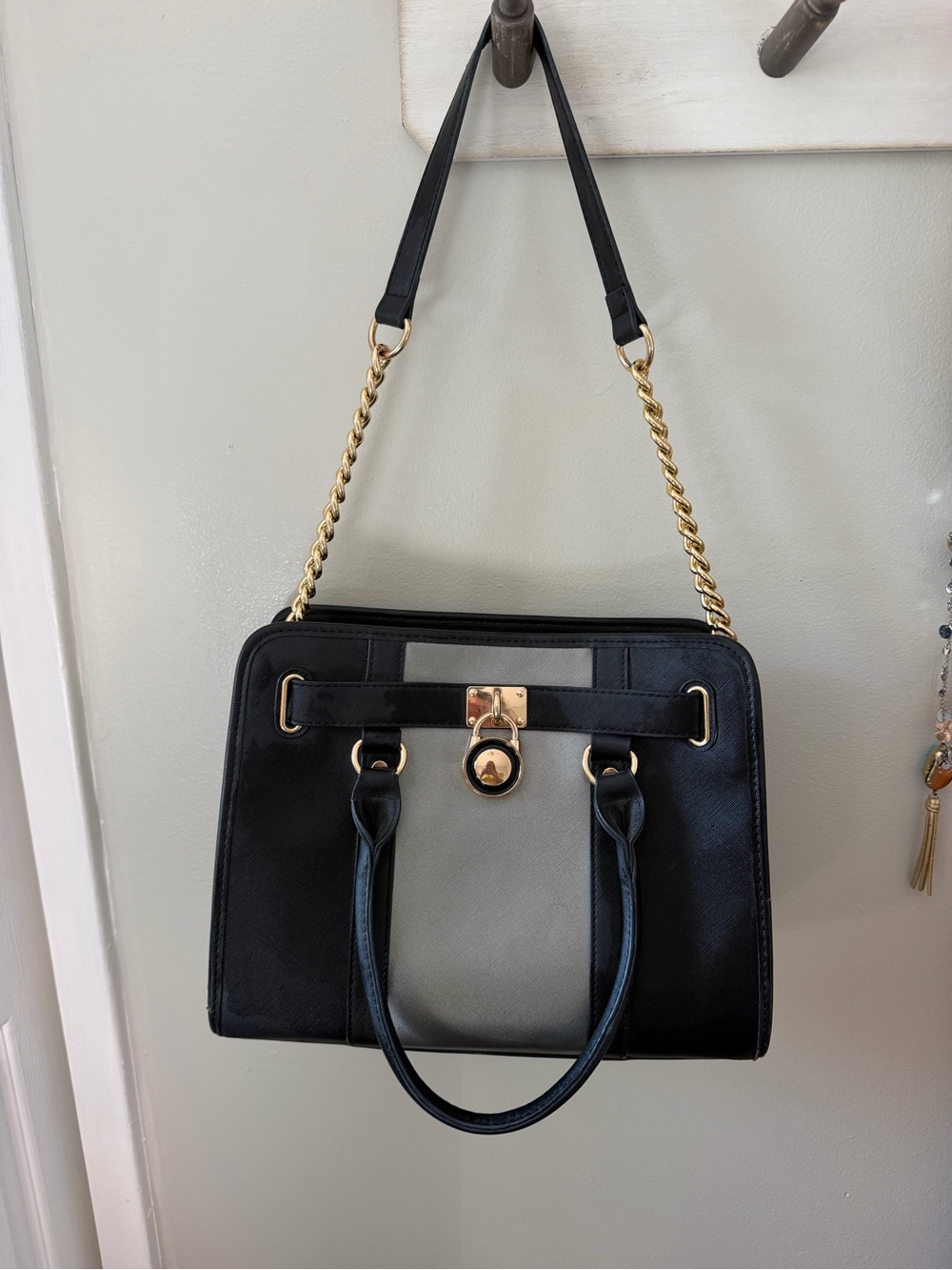 Two-Tone Black and Gray Structured Shoulder Satchel with Gold Chain